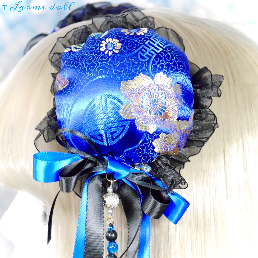 【完成品】【一点物】《☥》タッセル付きダブルリボンお団子カバー (カラー▷青×黒)