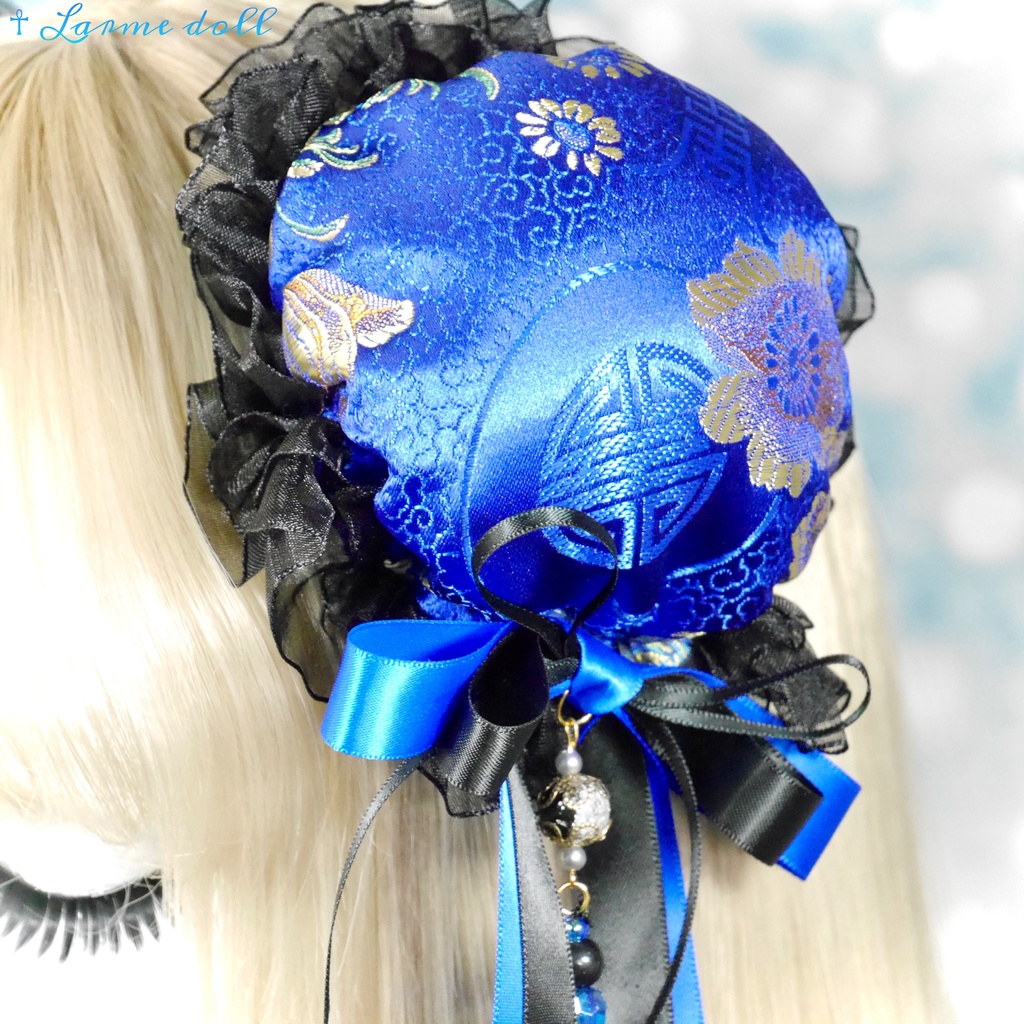 【完成品】【一点物】《☥》タッセル付きダブルリボンお団子カバー (カラー▷青×黒)