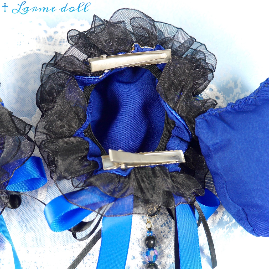 【完成品】【一点物】《☥》タッセル付きダブルリボンお団子カバー (カラー▷青×黒)