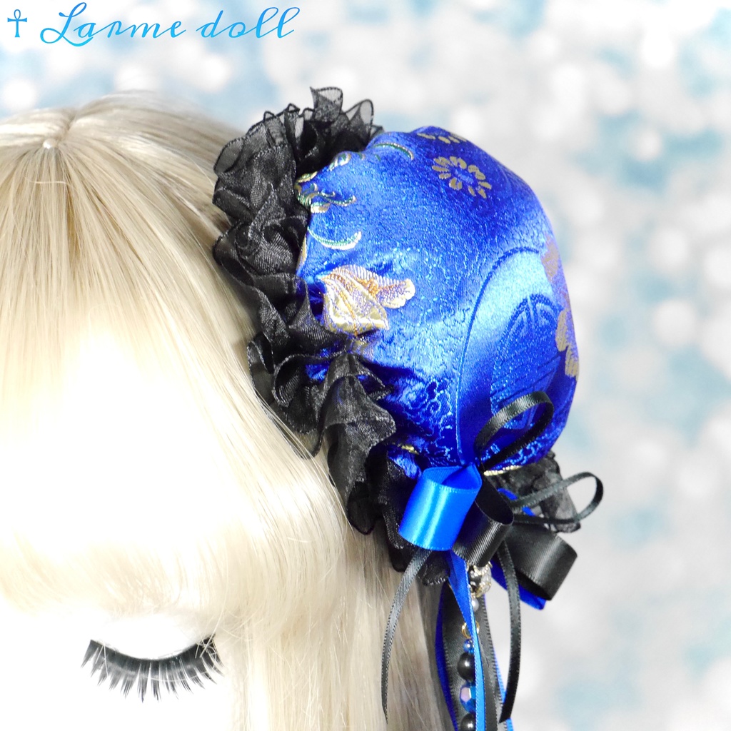 【完成品】【一点物】《☥》タッセル付きダブルリボンお団子カバー (カラー▷青×黒)