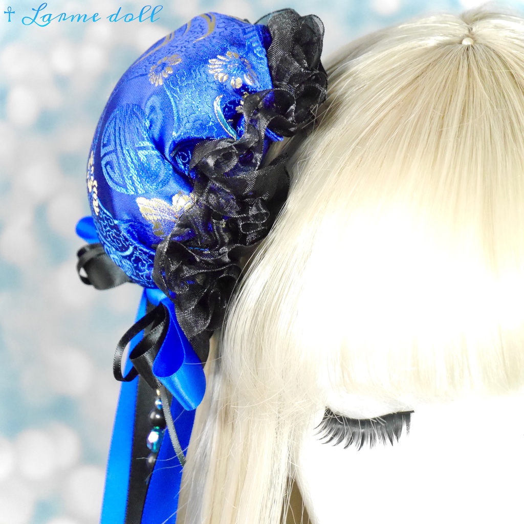 【完成品】【一点物】《☥》タッセル付きダブルリボンお団子カバー (カラー▷青×黒)