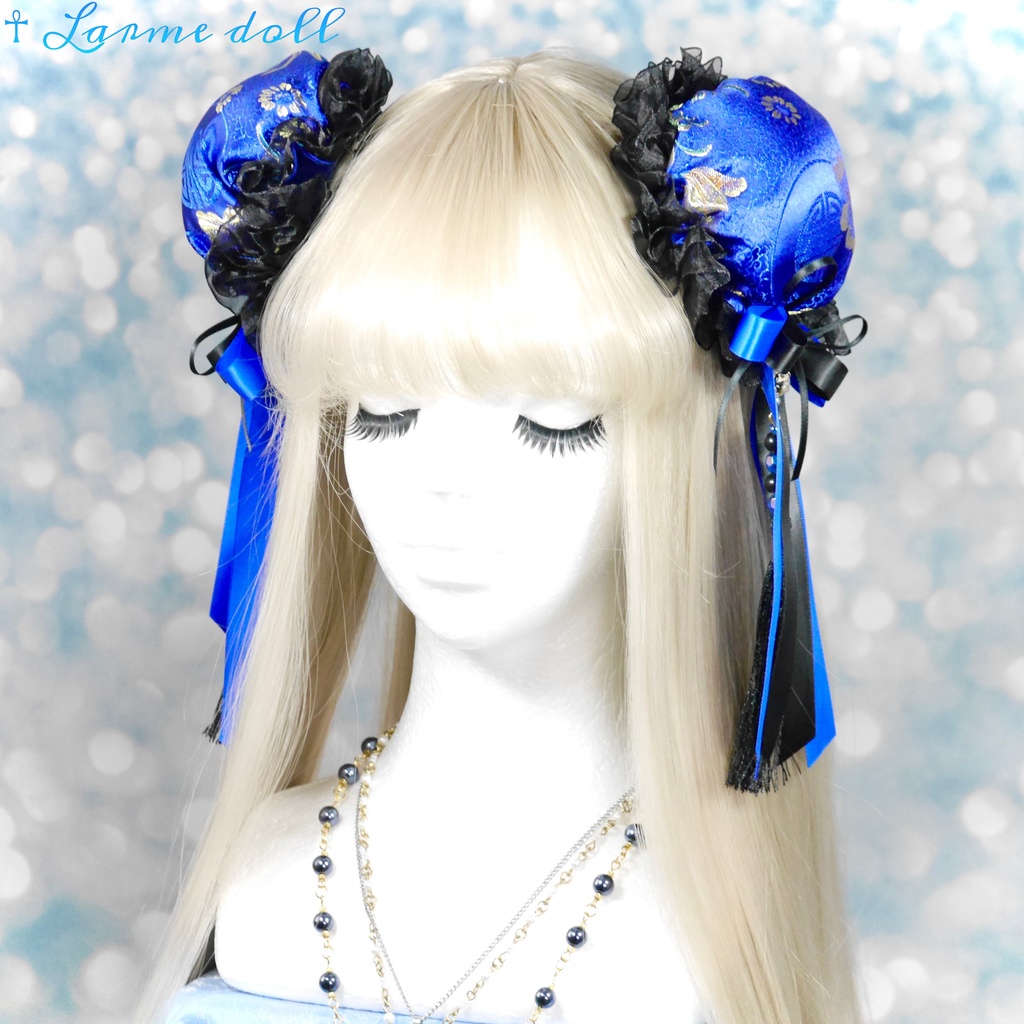 【完成品】【一点物】《☥》タッセル付きダブルリボンお団子カバー (カラー▷青×黒)