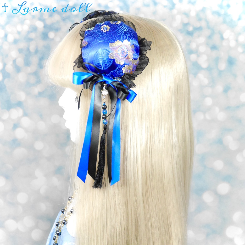 【完成品】【一点物】《☥》タッセル付きダブルリボンお団子カバー (カラー▷青×黒)