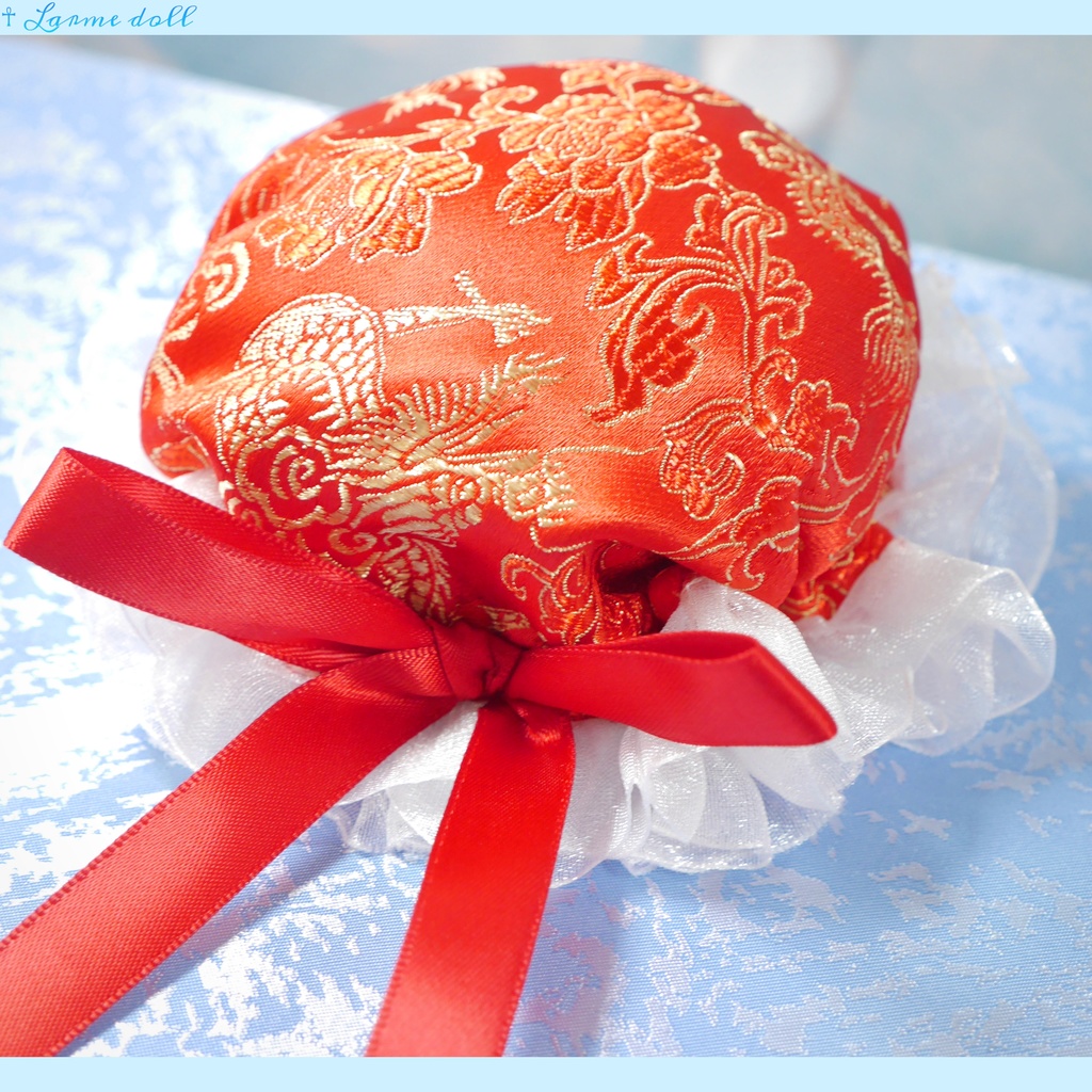 【受注生産】《☥》ゆめかわチャイナお団子カバー(オーガンジーレース白)取り外し可能綿クッション+ヘアクリップ付き(本体カバーカラー▷赤)