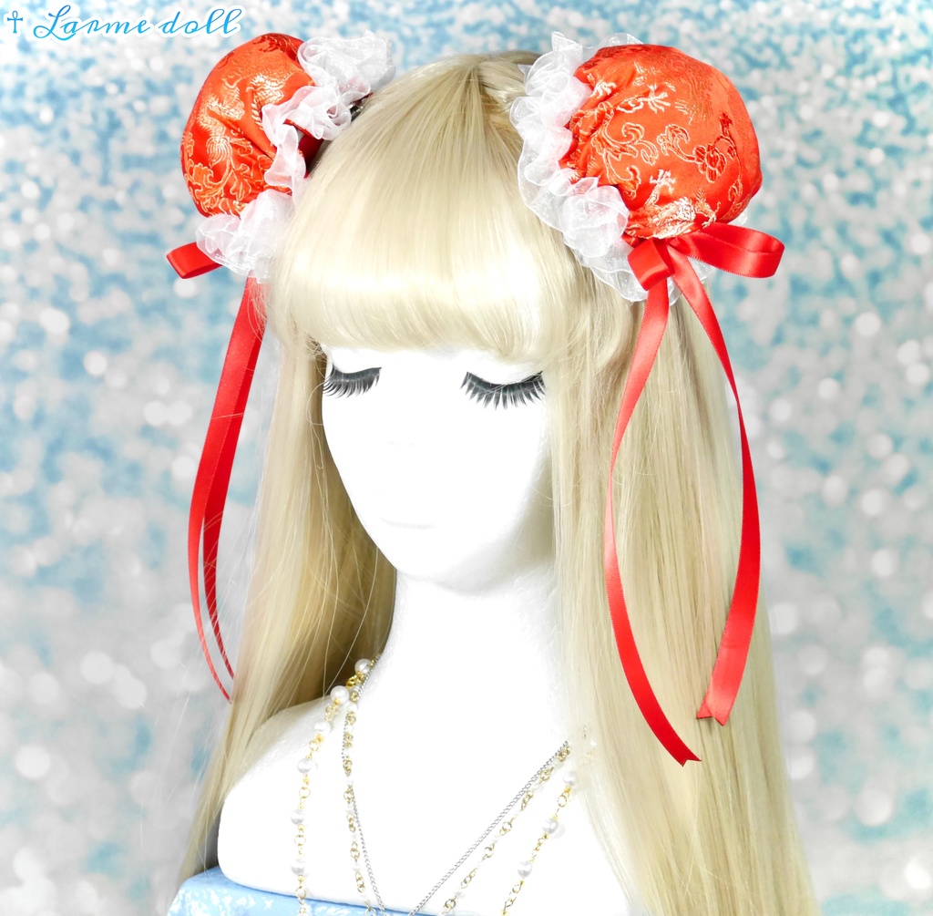 【受注生産】《☥》ゆめかわチャイナお団子カバー(オーガンジーレース白)取り外し可能綿クッション+ヘアクリップ付き(本体カバーカラー▷赤)