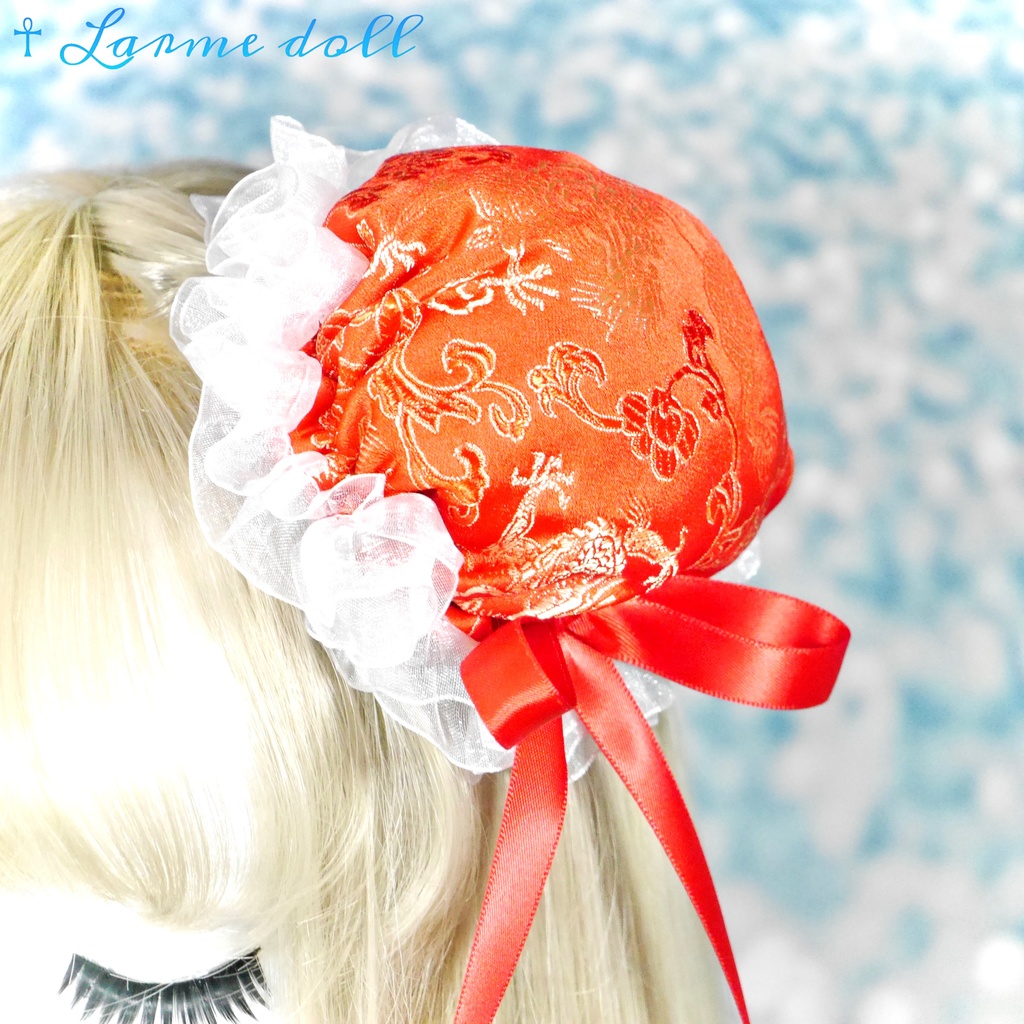 【受注生産】《☥》ゆめかわチャイナお団子カバー(オーガンジーレース白)取り外し可能綿クッション+ヘアクリップ付き(本体カバーカラー▷赤)