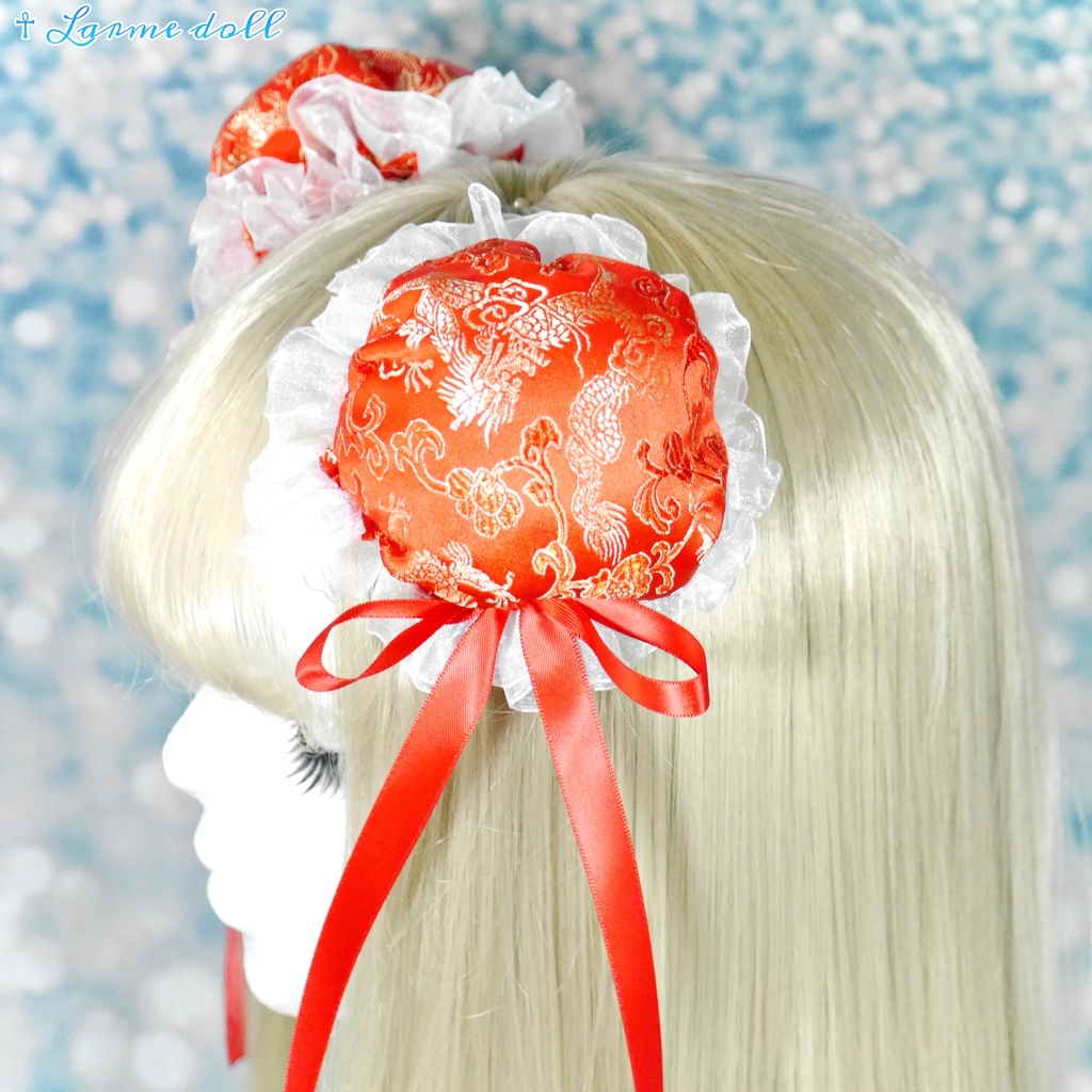 【受注生産】《☥》ゆめかわチャイナお団子カバー(オーガンジーレース白)取り外し可能綿クッション+ヘアクリップ付き(本体カバーカラー▷赤)