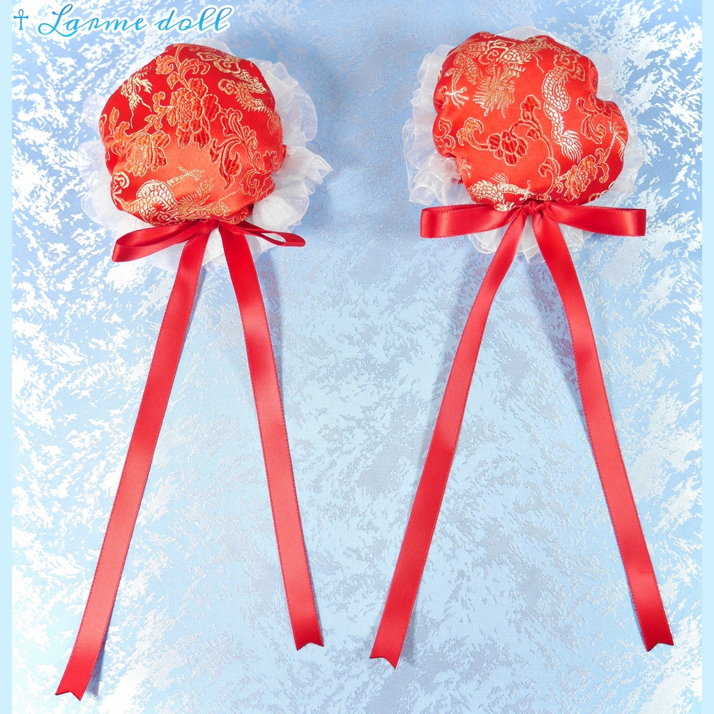 【受注生産】《☥》ゆめかわチャイナお団子カバー(オーガンジーレース白)取り外し可能綿クッション+ヘアクリップ付き(本体カバーカラー▷赤)