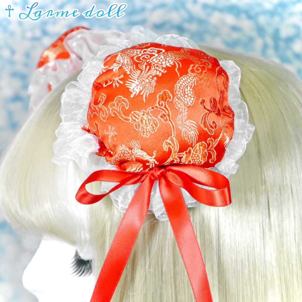 【受注生産】《☥》ゆめかわチャイナお団子カバー(オーガンジーレース白)取り外し可能綿クッション+ヘアクリップ付き(本体カバーカラー▷赤)