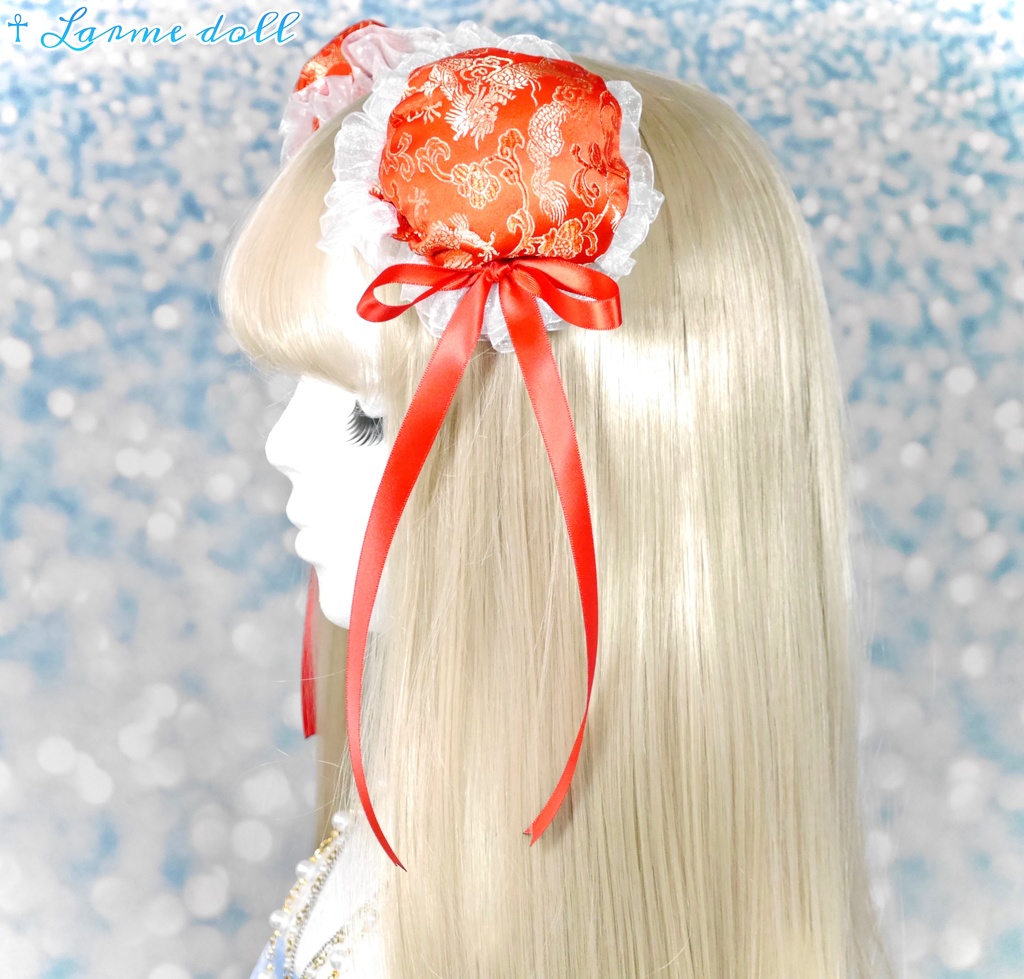 【受注生産】《☥》ゆめかわチャイナお団子カバー(オーガンジーレース白)取り外し可能綿クッション+ヘアクリップ付き(本体カバーカラー▷赤)