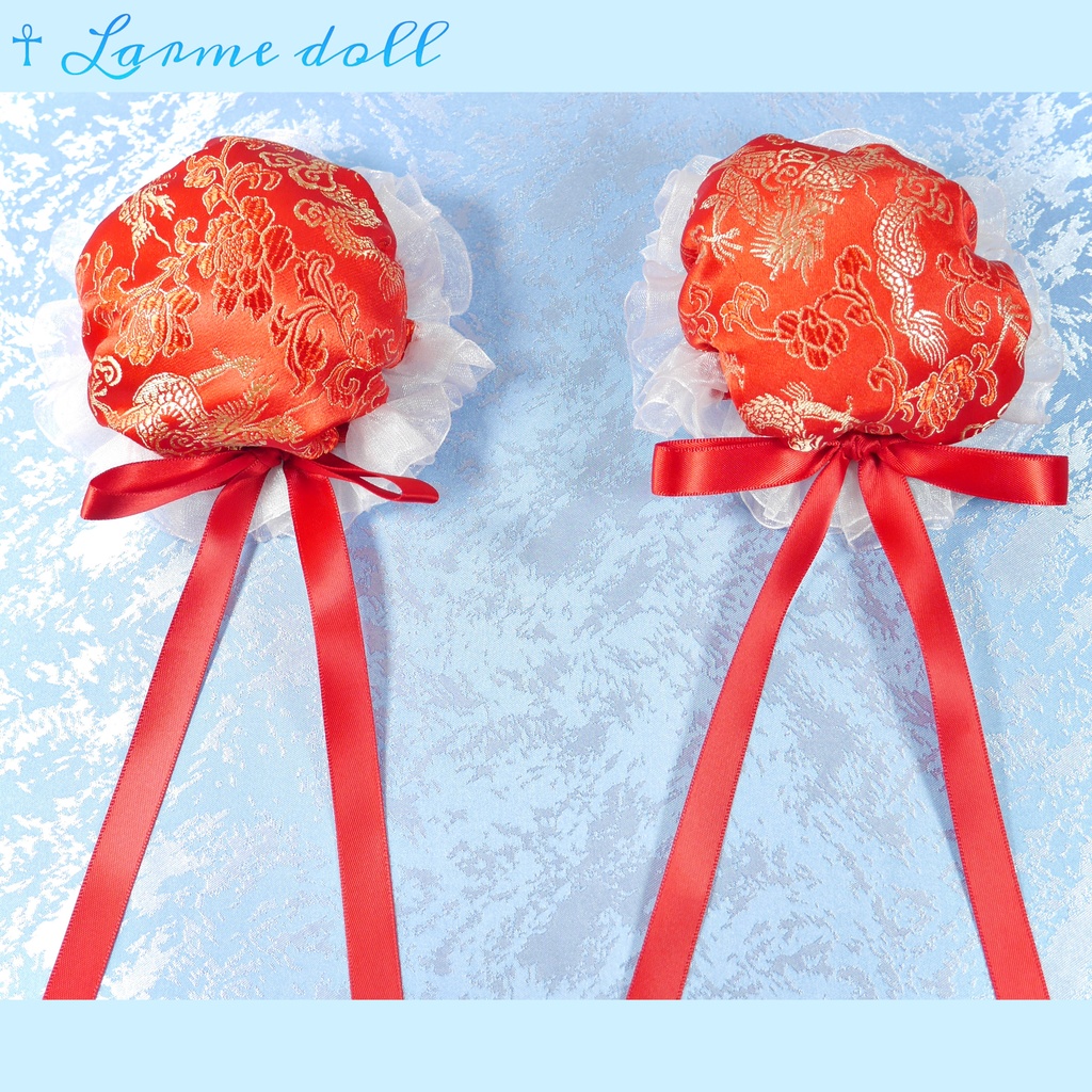 【受注生産】《☥》ゆめかわチャイナお団子カバー(オーガンジーレース白)取り外し可能綿クッション+ヘアクリップ付き(本体カバーカラー▷赤)