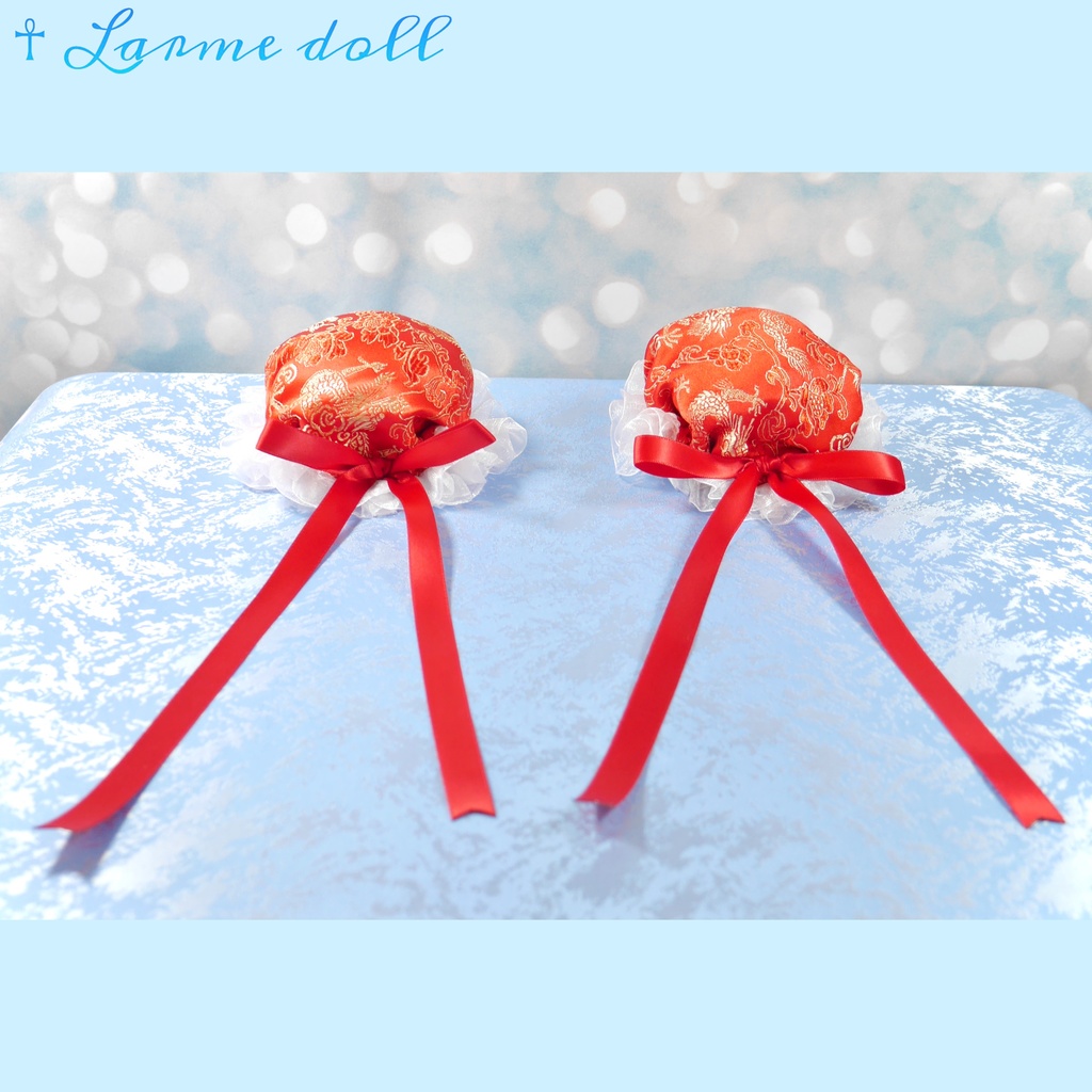 【受注生産】《☥》ゆめかわチャイナお団子カバー(オーガンジーレース白)取り外し可能綿クッション+ヘアクリップ付き(本体カバーカラー▷赤)