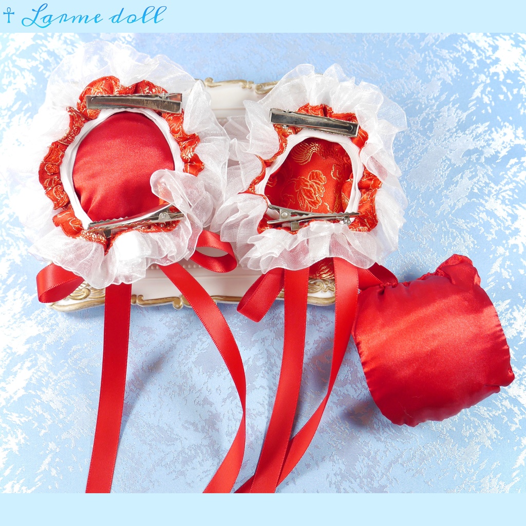 【受注生産】《☥》ゆめかわチャイナお団子カバー(オーガンジーレース白)取り外し可能綿クッション+ヘアクリップ付き(本体カバーカラー▷赤)