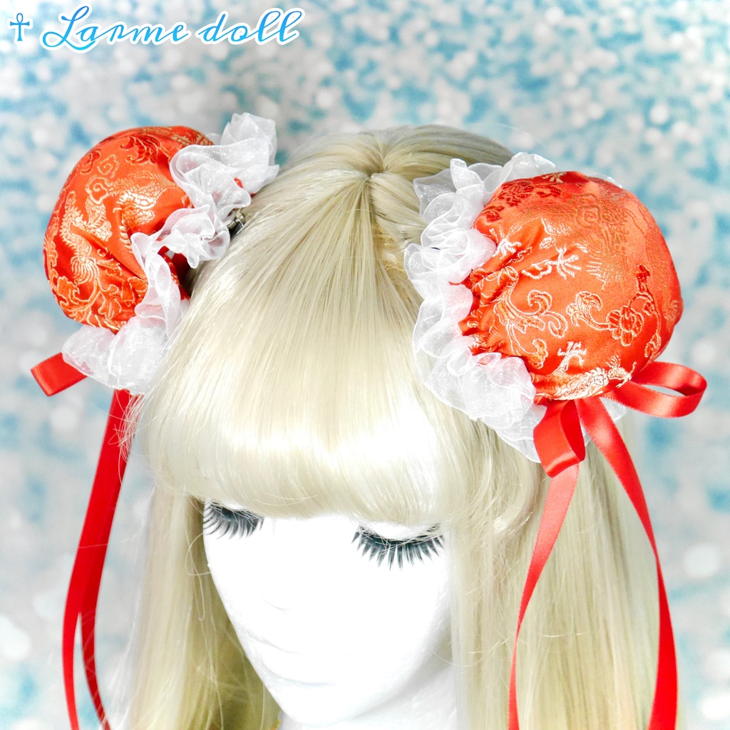 【受注生産】《☥》ゆめかわチャイナお団子カバー(オーガンジーレース白)取り外し可能綿クッション+ヘアクリップ付き(本体カバーカラー▷赤)