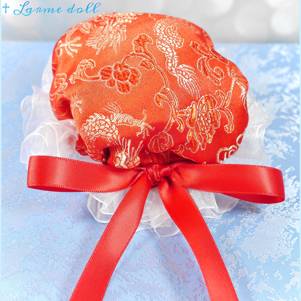 【受注生産】《☥》ゆめかわチャイナお団子カバー(オーガンジーレース白)取り外し可能綿クッション+ヘアクリップ付き(本体カバーカラー▷赤)