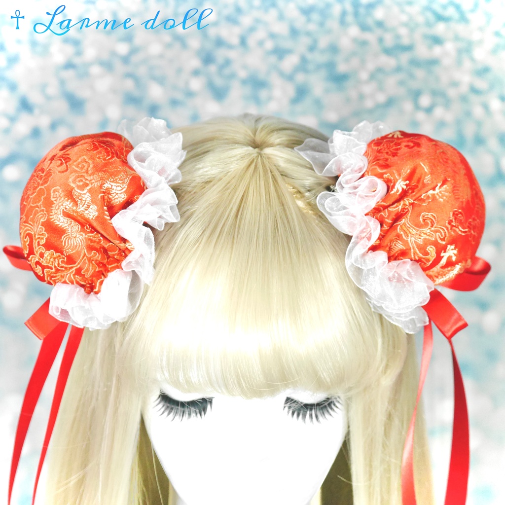 【受注生産】《☥》ゆめかわチャイナお団子カバー(オーガンジーレース白)取り外し可能綿クッション+ヘアクリップ付き(本体カバーカラー▷赤)