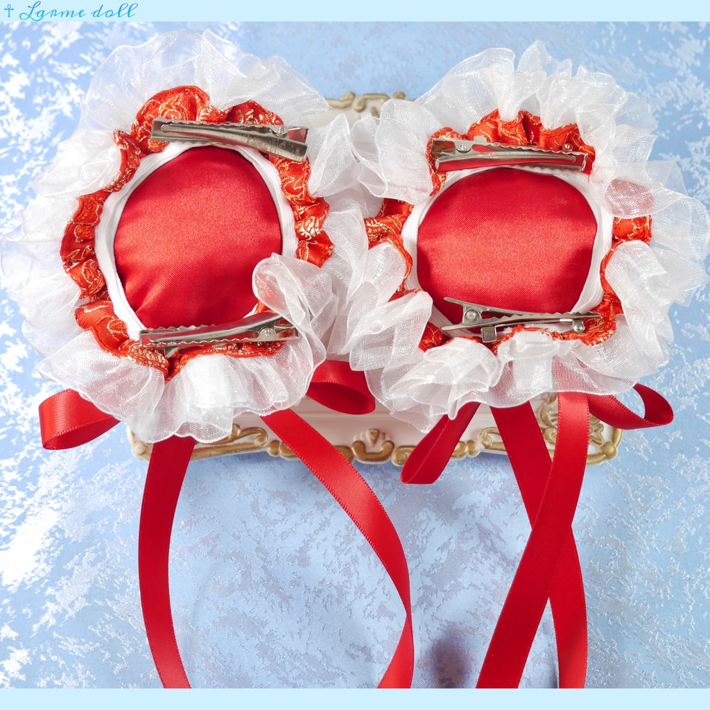 【受注生産】《☥》ゆめかわチャイナお団子カバー(オーガンジーレース白)取り外し可能綿クッション+ヘアクリップ付き(本体カバーカラー▷赤)