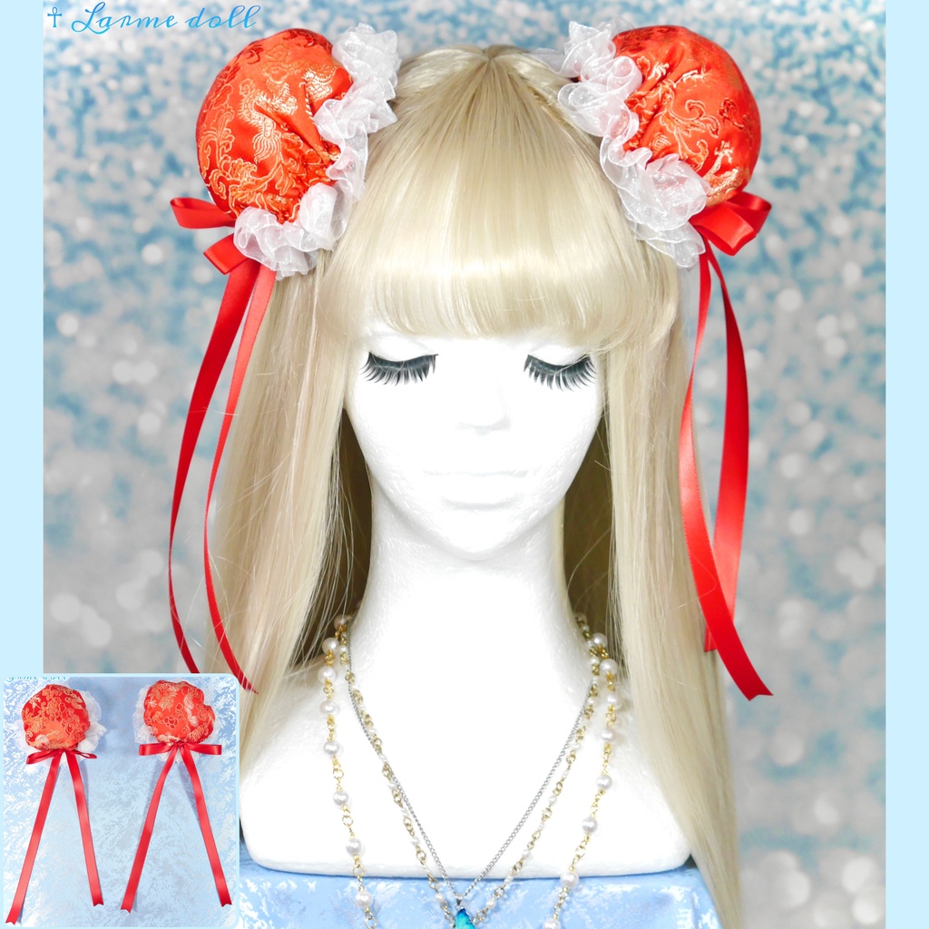 【受注生産】《☥》ゆめかわチャイナお団子カバー(オーガンジーレース白)取り外し可能綿クッション＋ヘアクリップ付き(本体カバーカラー▷赤)