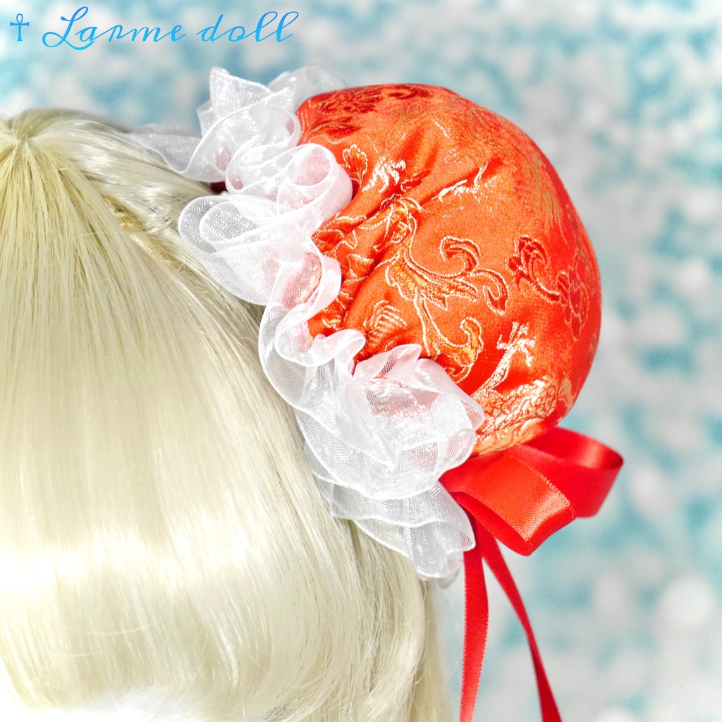 【受注生産】《☥》ゆめかわチャイナお団子カバー(オーガンジーレース白)取り外し可能綿クッション+ヘアクリップ付き(本体カバーカラー▷赤)