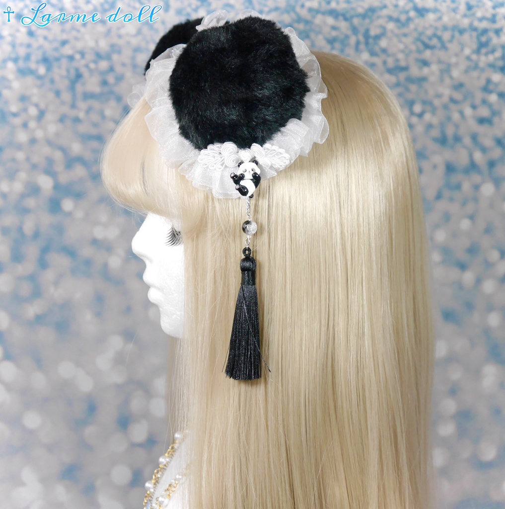 【受注生産】《☥》パンダチャイナお団子カバー (ファー生地タイプ) (レース白)本体カバーカラー▷黒