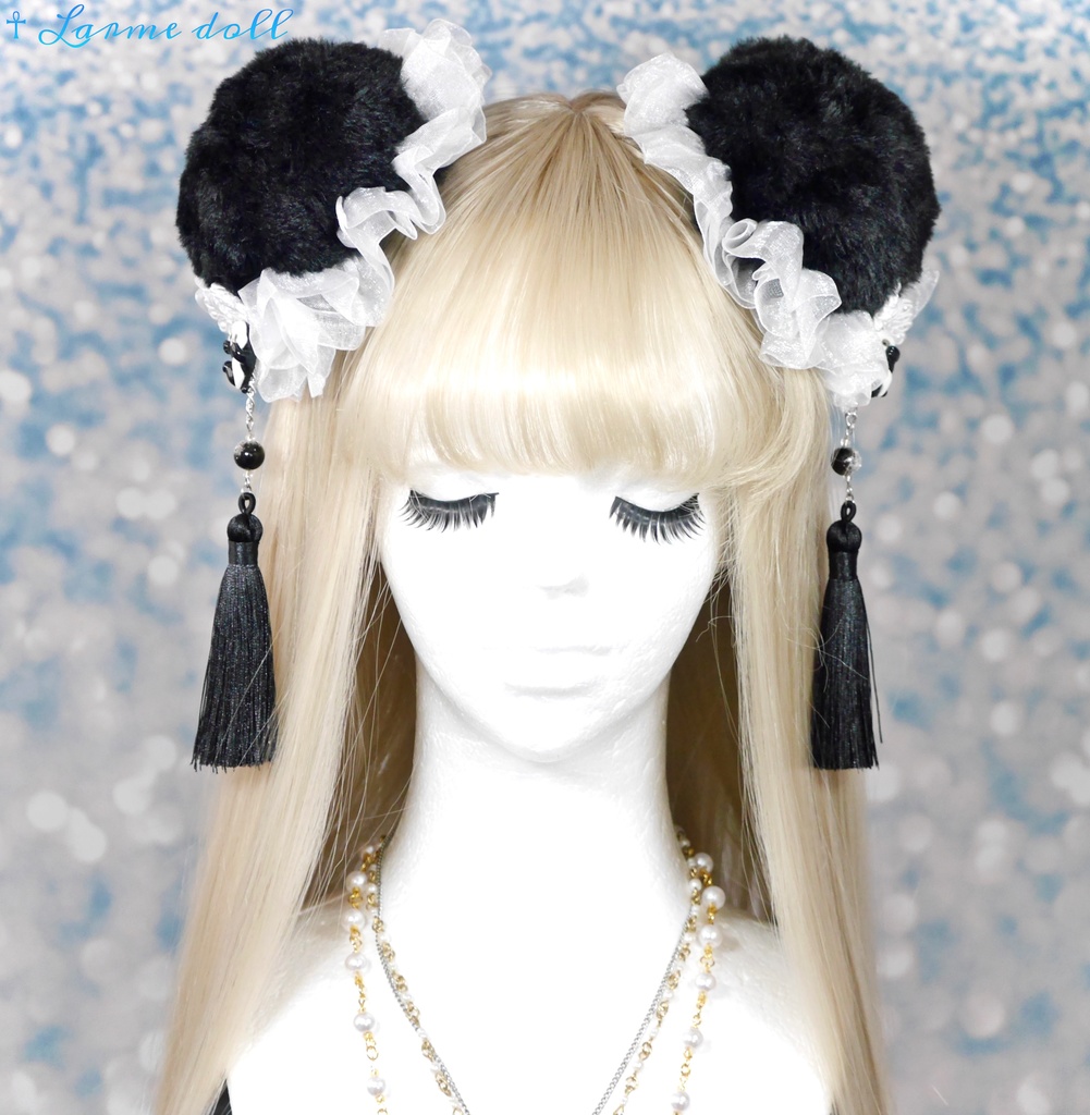 【受注生産】《☥》パンダチャイナお団子カバー (ファー生地タイプ) (レース白)本体カバーカラー▷黒