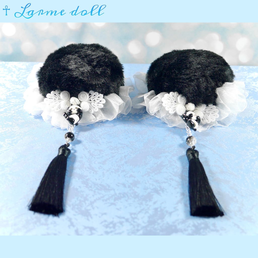 【受注生産】《☥》パンダチャイナお団子カバー (ファー生地タイプ) (レース白)本体カバーカラー▷黒