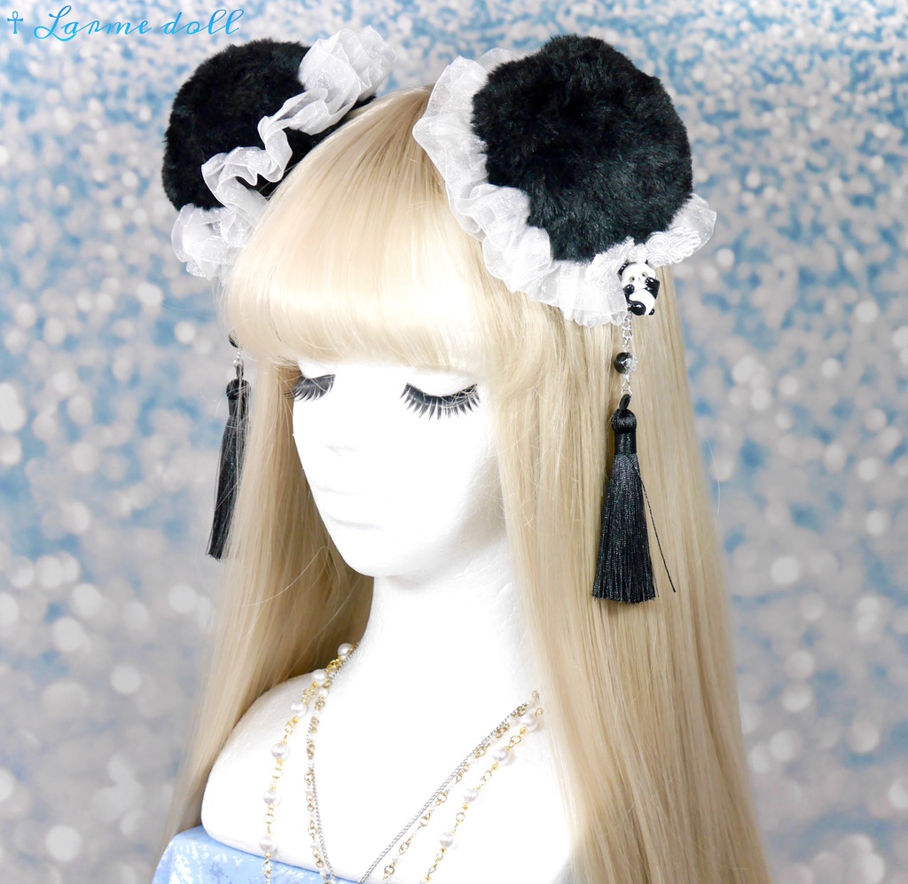 【受注生産】《☥》パンダチャイナお団子カバー (ファー生地タイプ) (レース白)本体カバーカラー▷黒