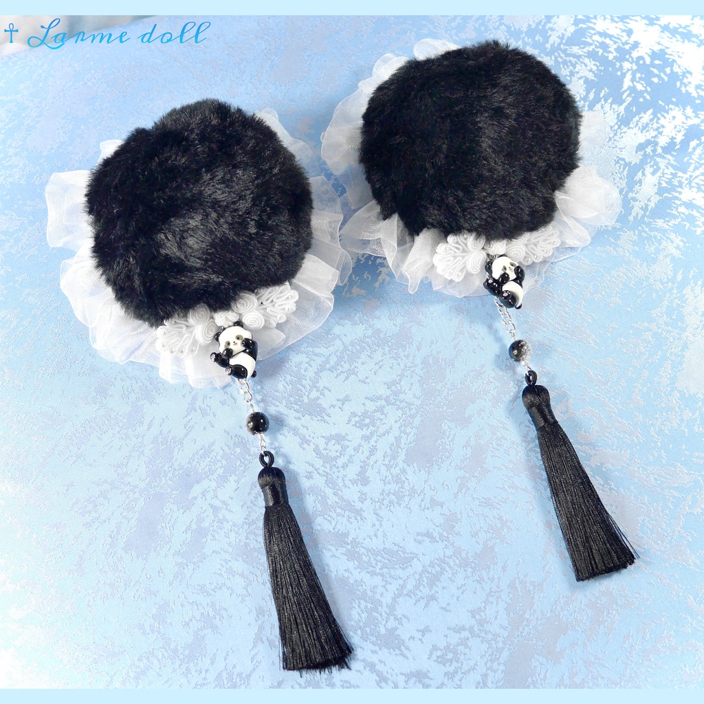 【受注生産】《☥》パンダチャイナお団子カバー (ファー生地タイプ) (レース白)本体カバーカラー▷黒