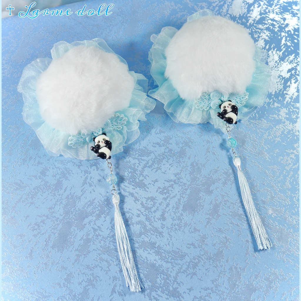【受注生産】《☥》パンダチャイナお団子カバー (ファー生地タイプ)(レース水色)本体カバーカラー▷白