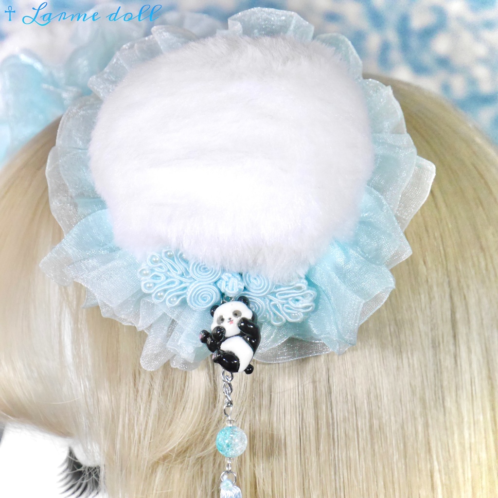 【受注生産】《☥》パンダチャイナお団子カバー (ファー生地タイプ)(レース水色)本体カバーカラー▷白