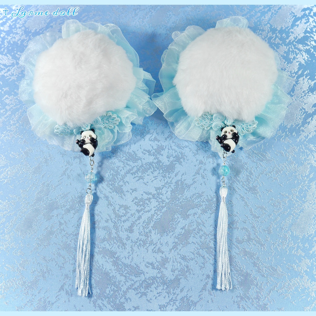 【受注生産】《☥》パンダチャイナお団子カバー (ファー生地タイプ)(レース水色)本体カバーカラー▷白