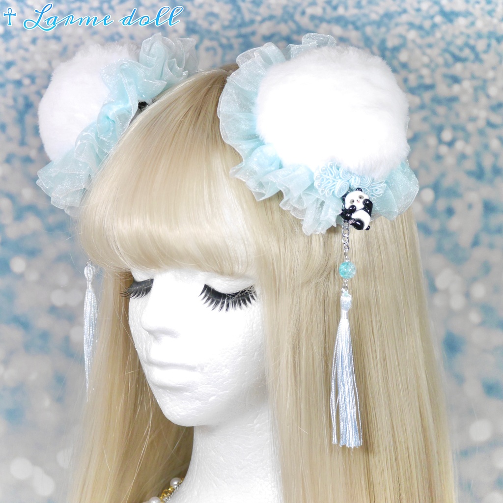 【受注生産】《☥》パンダチャイナお団子カバー (ファー生地タイプ)(レース水色)本体カバーカラー▷白