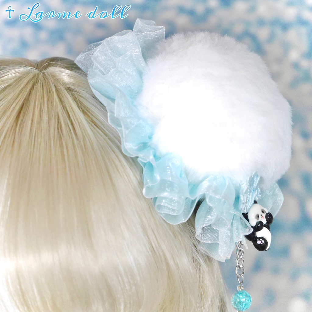 【受注生産】《☥》パンダチャイナお団子カバー (ファー生地タイプ)(レース水色)本体カバーカラー▷白