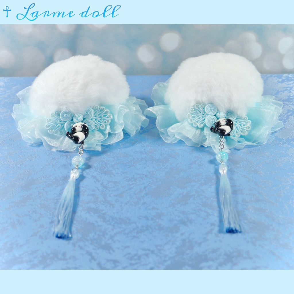 【受注生産】《☥》パンダチャイナお団子カバー (ファー生地タイプ)(レース水色)本体カバーカラー▷白