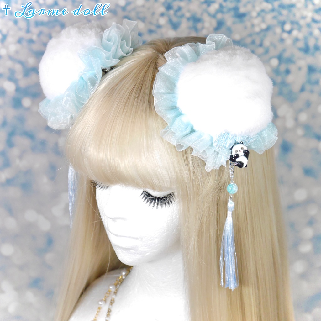 【受注生産】《☥》パンダチャイナお団子カバー (ファー生地タイプ)(レース水色)本体カバーカラー▷白