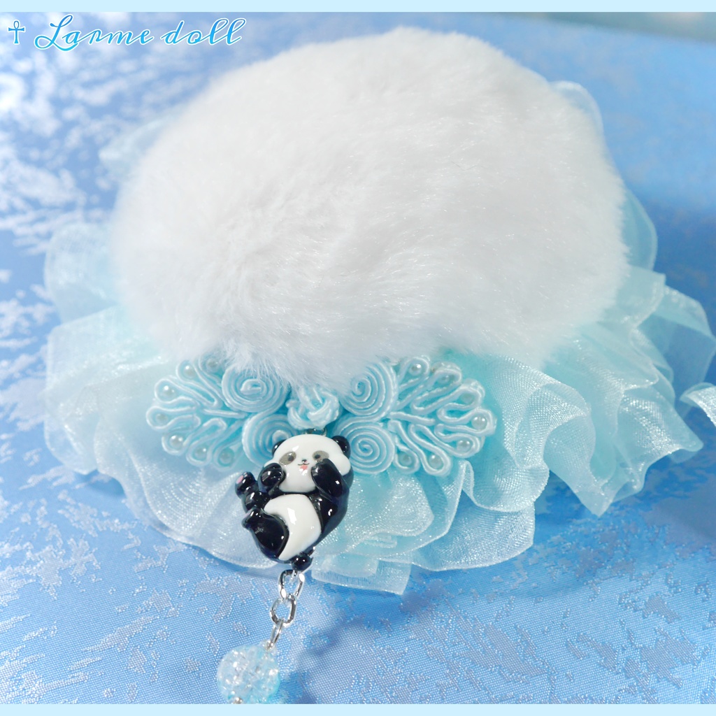 【受注生産】《☥》パンダチャイナお団子カバー (ファー生地タイプ)(レース水色)本体カバーカラー▷白