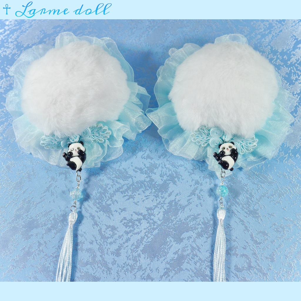 【受注生産】《☥》パンダチャイナお団子カバー (ファー生地タイプ)(レース水色)本体カバーカラー▷白