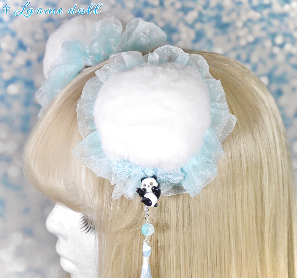 【受注生産】《☥》パンダチャイナお団子カバー (ファー生地タイプ)(レース水色)本体カバーカラー▷白