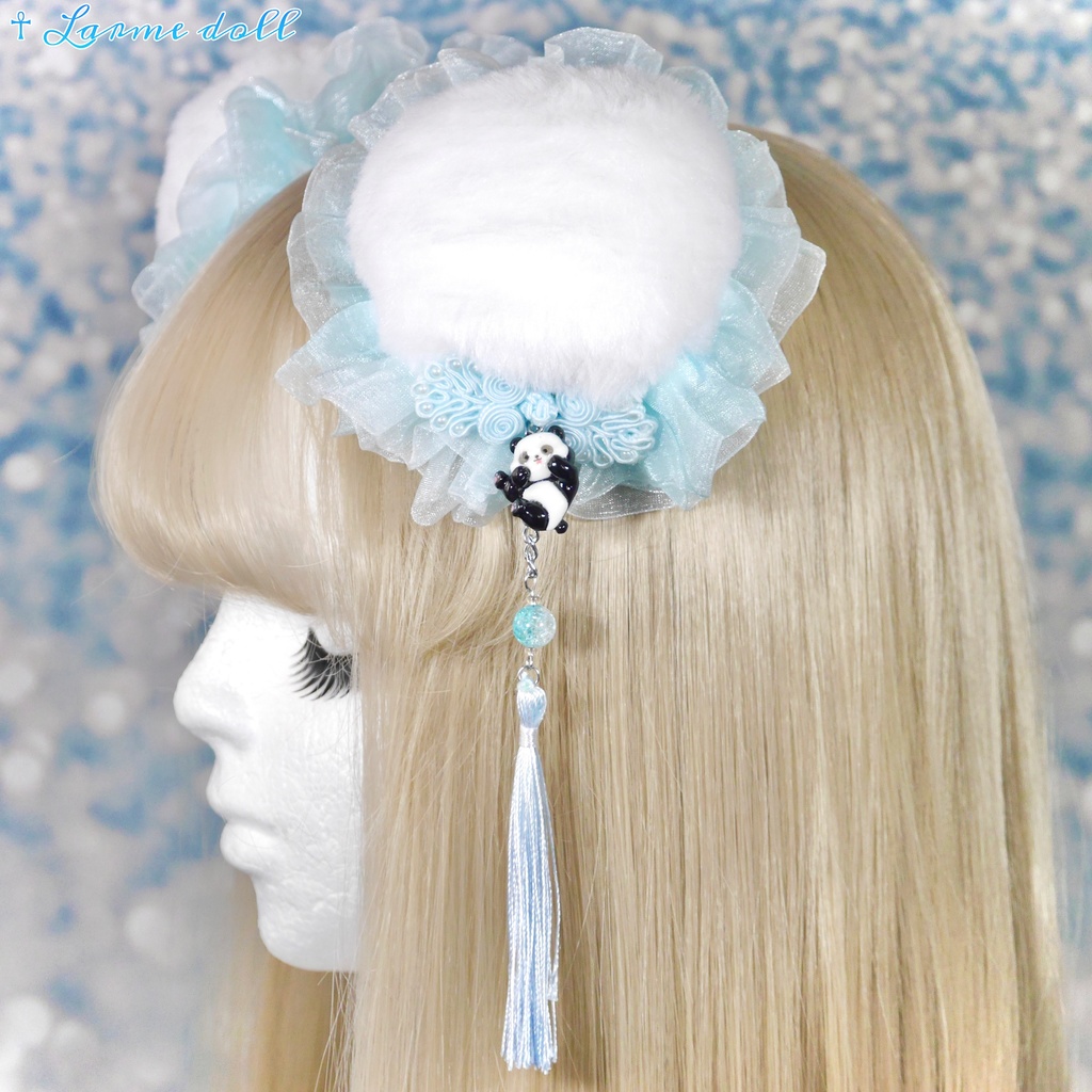 【受注生産】《☥》パンダチャイナお団子カバー (ファー生地タイプ)(レース水色)本体カバーカラー▷白