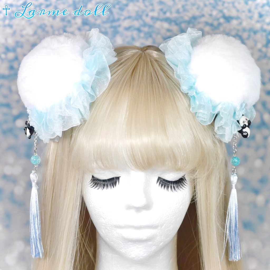 【受注生産】《☥》パンダチャイナお団子カバー (ファー生地タイプ)(レース水色)本体カバーカラー▷白