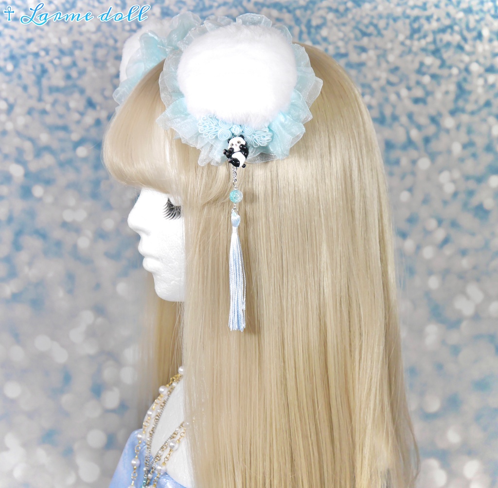 【受注生産】《☥》パンダチャイナお団子カバー (ファー生地タイプ)(レース水色)本体カバーカラー▷白