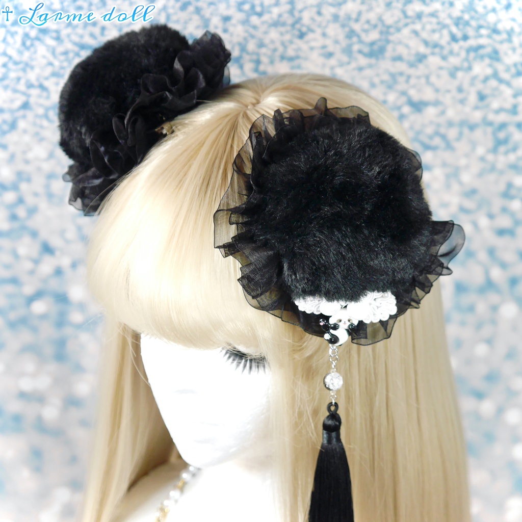 【受注生産】《☥》パンダチャイナお団子カバー(ファー生地タイプ)(レース黒)本体カバーカラー▷黒