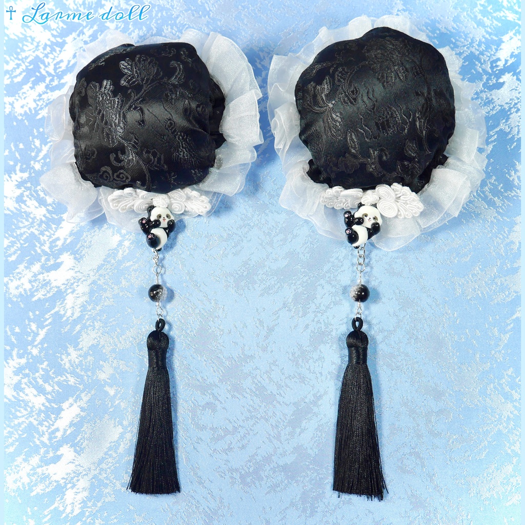 【受注生産】《☥》パンダチャイナお団子カバー(チャイナ生地タイプ)(レース白)本体カバーカラー▷黒