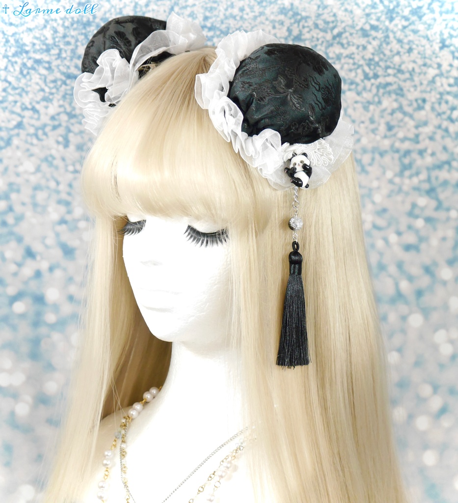 【受注生産】《☥》パンダチャイナお団子カバー(チャイナ生地タイプ)(レース白)本体カバーカラー▷黒