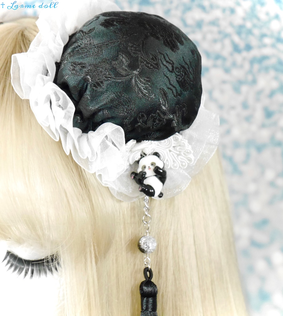 【受注生産】《☥》パンダチャイナお団子カバー(チャイナ生地タイプ)(レース白)本体カバーカラー▷黒