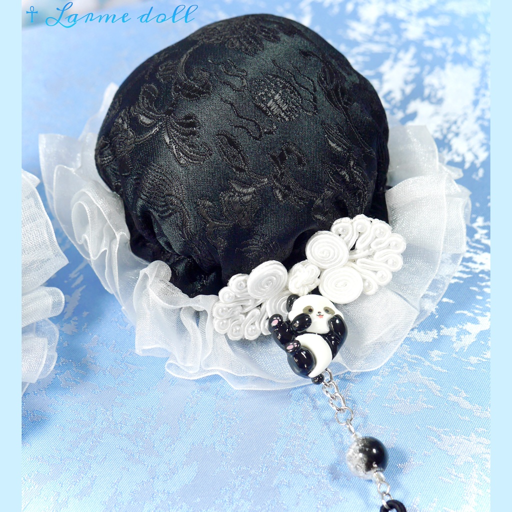 【受注生産】《☥》パンダチャイナお団子カバー(チャイナ生地タイプ)(レース白)本体カバーカラー▷黒