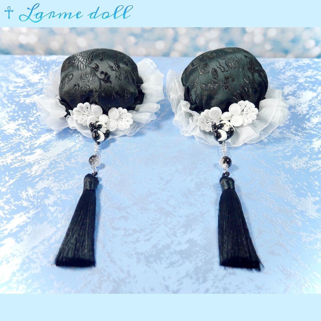 【受注生産】《☥》パンダチャイナお団子カバー(チャイナ生地タイプ)(レース白)本体カバーカラー▷黒