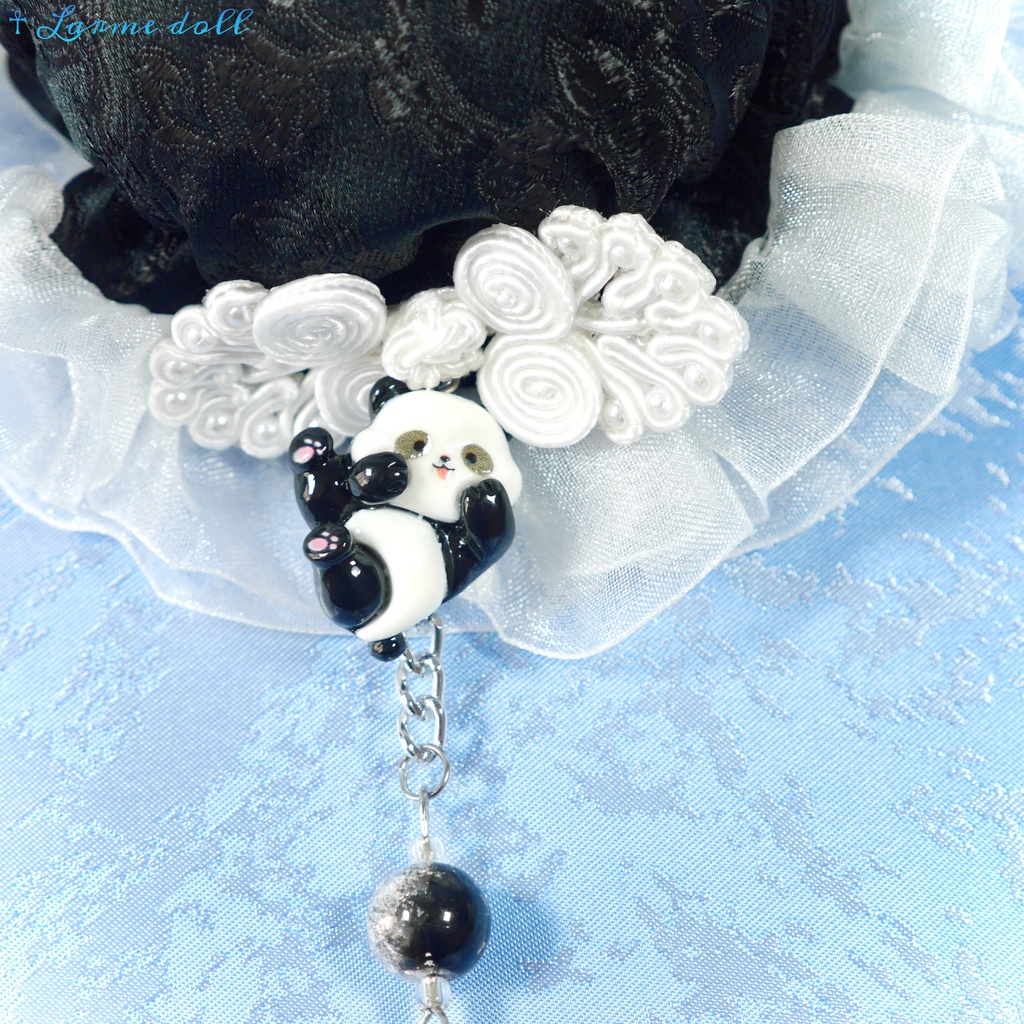 【受注生産】《☥》パンダチャイナお団子カバー(チャイナ生地タイプ)(レース白)本体カバーカラー▷黒