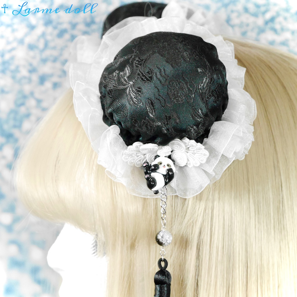 【受注生産】《☥》パンダチャイナお団子カバー(チャイナ生地タイプ)(レース白)本体カバーカラー▷黒
