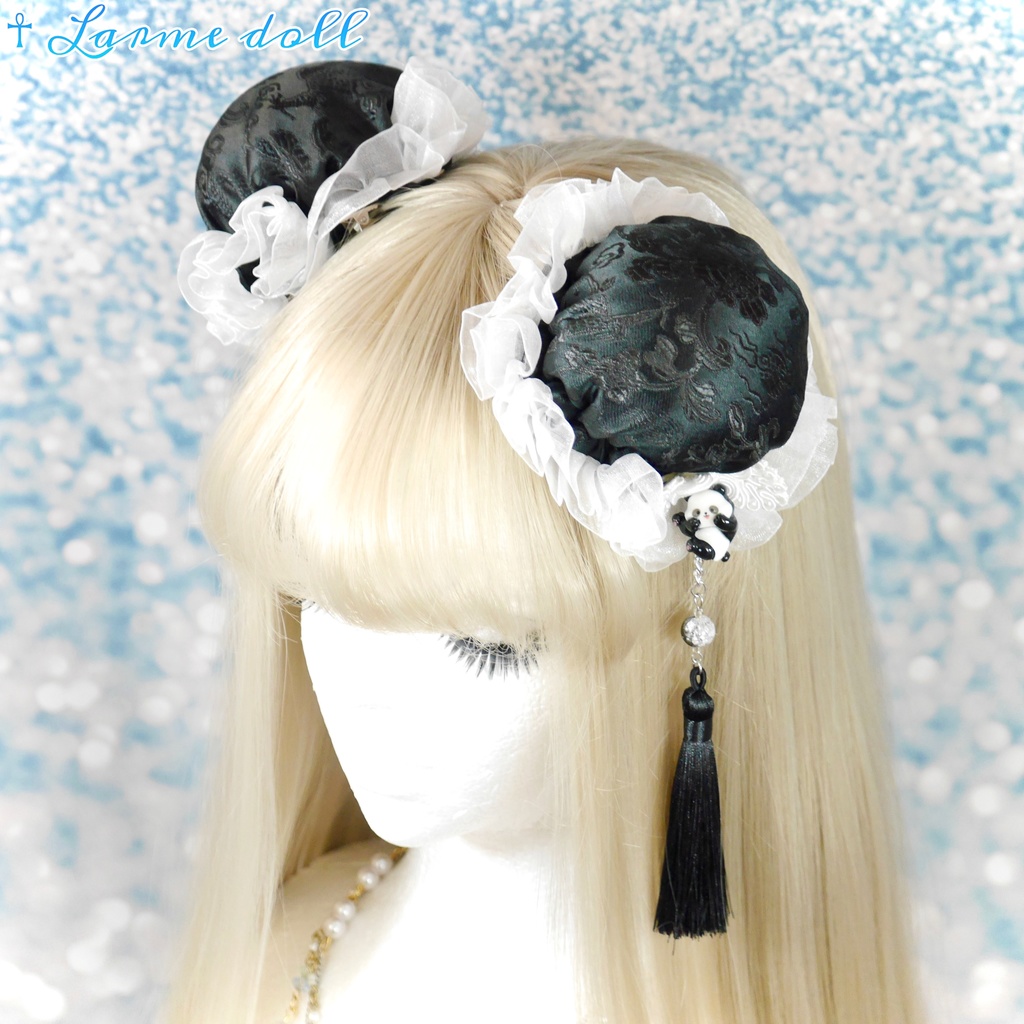 【受注生産】《☥》パンダチャイナお団子カバー(チャイナ生地タイプ)(レース白)本体カバーカラー▷黒